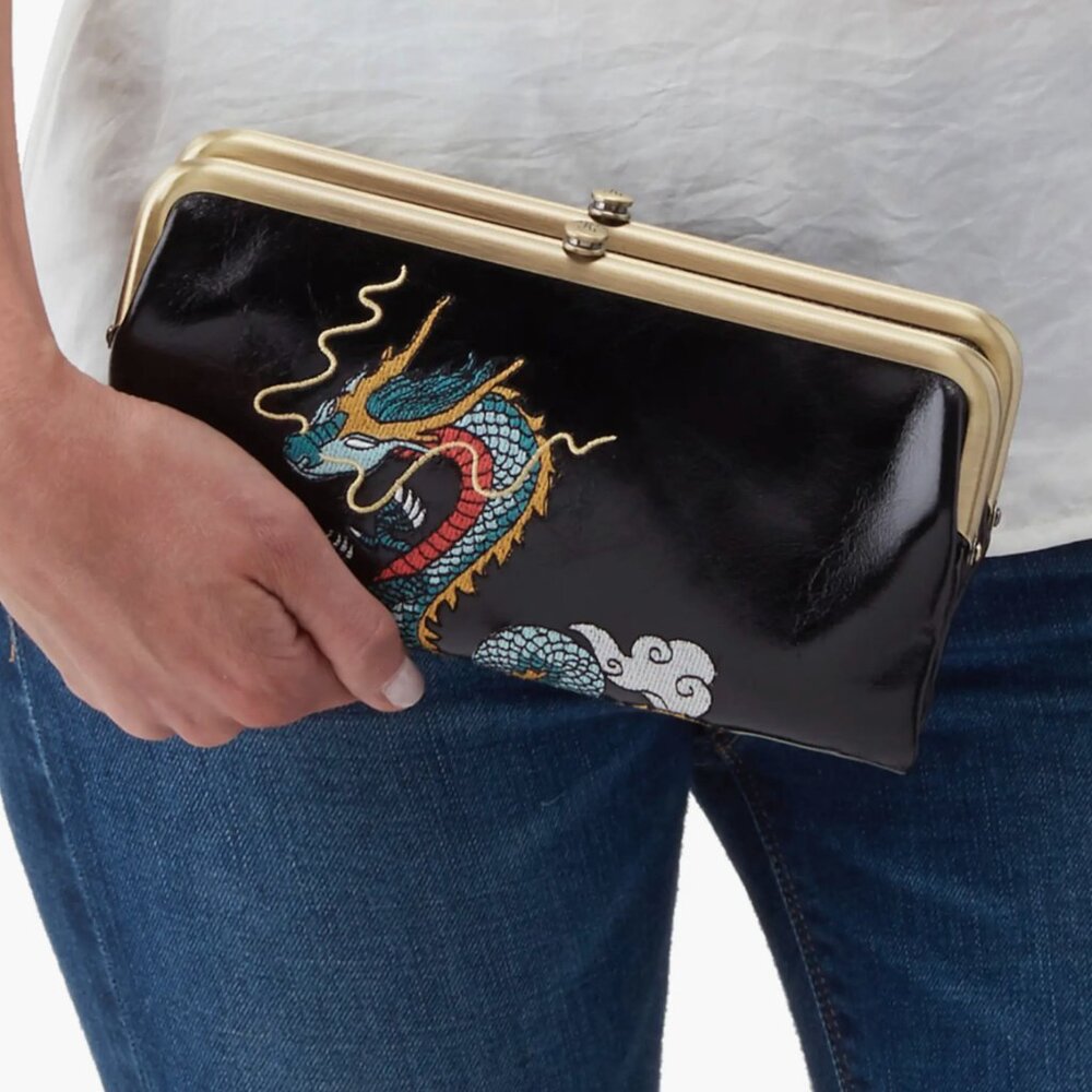 HOBO International Black Leather Lauren Clutch Wallet -- Embroidered Dragon - Picture 6 of 6